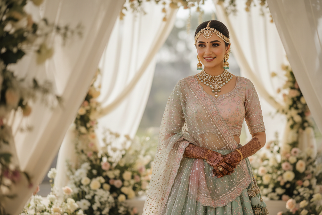 Beautiful indian bride in pastel shades with light background